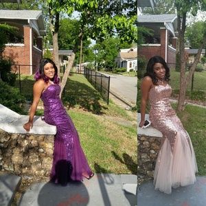 Rose Gold and purple sequin strapless mermaid prom